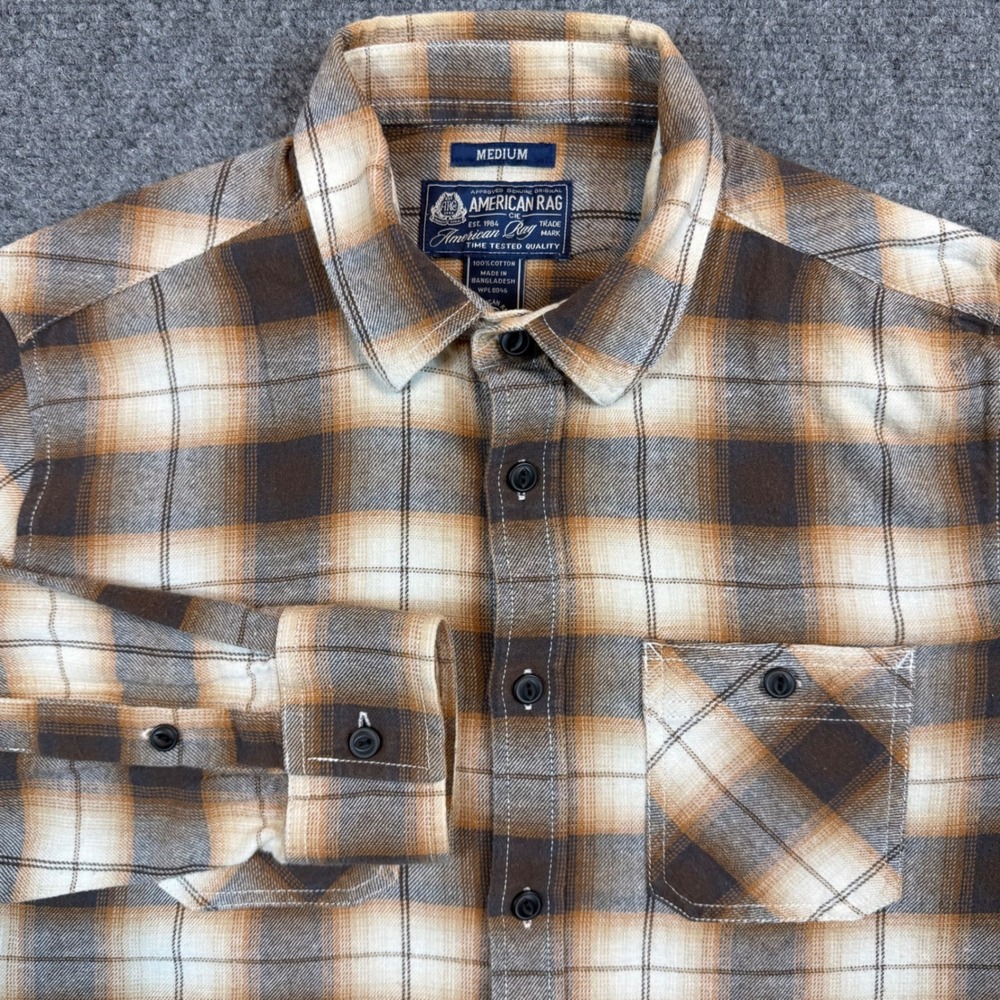American Rag Mens Medium Brown Plaid Flannel Button Down Shirt 100% Cotton